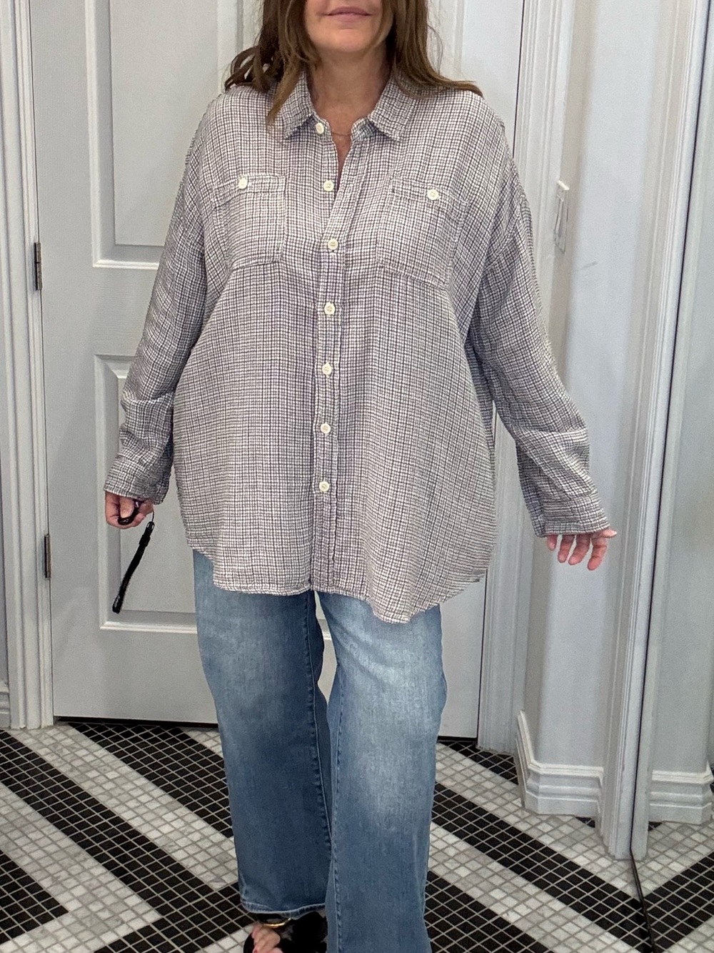 Relaxed Button-Up Shirt in Fine Black & White Plaid